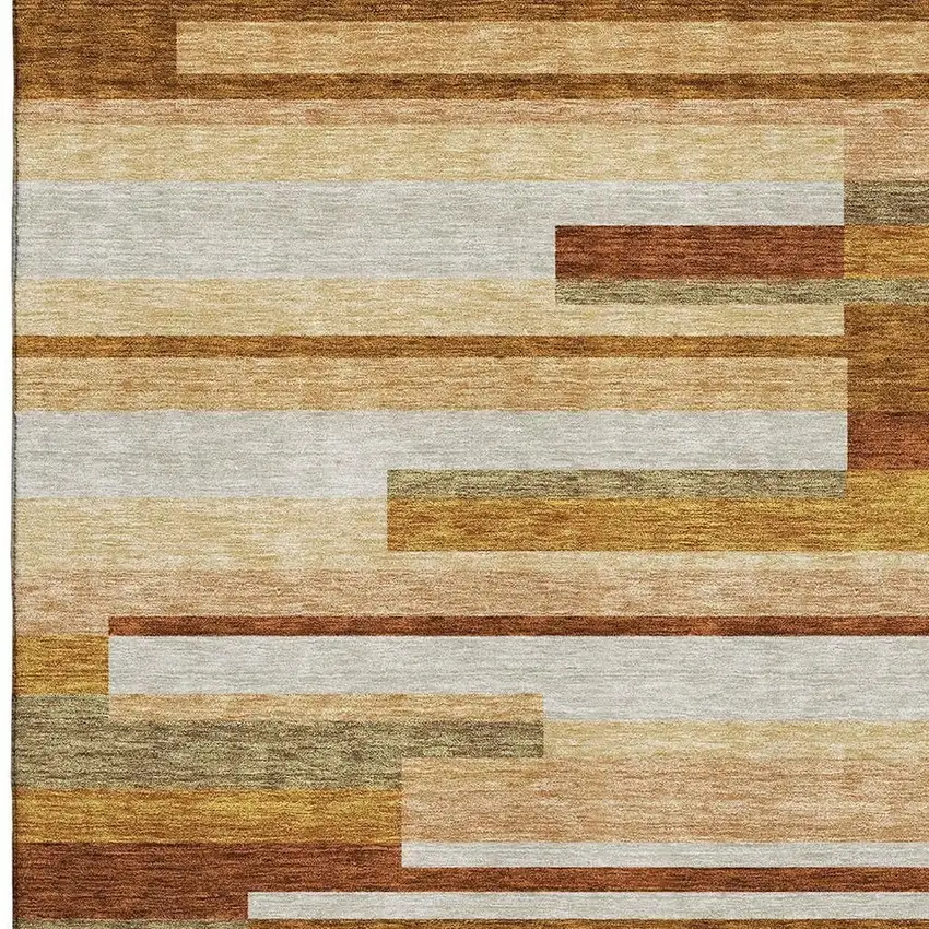 Rust Ivory And Taupe Striped Washable Area Rug With UV Protection Photo 3