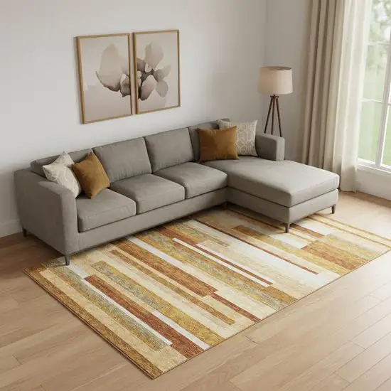 Rust Ivory And Taupe Striped Washable Area Rug With UV Protection Photo 1