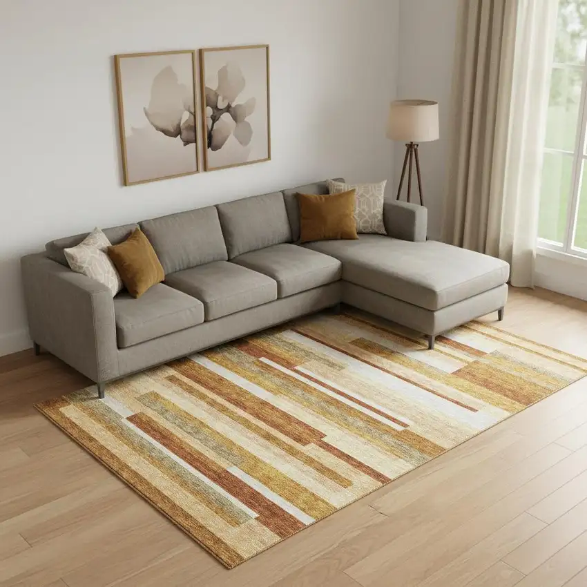 Rust Ivory And Taupe Striped Washable Area Rug With UV Protection Photo 1