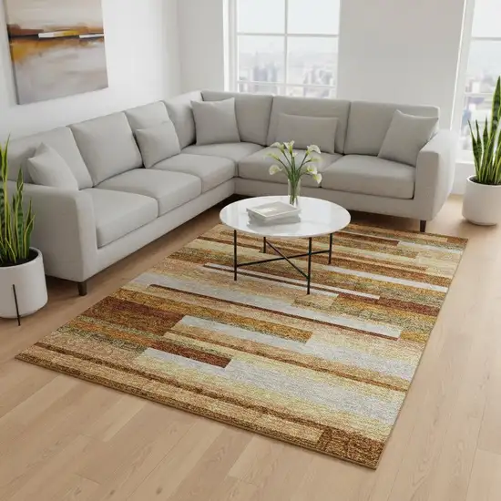 Rust Ivory And Taupe Striped Washable Area Rug With UV Protection Photo 2