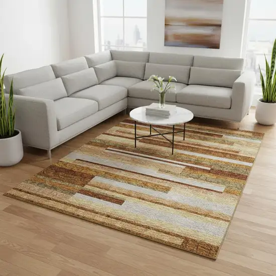 Rust Ivory And Taupe Striped Washable Area Rug With UV Protection Photo 2