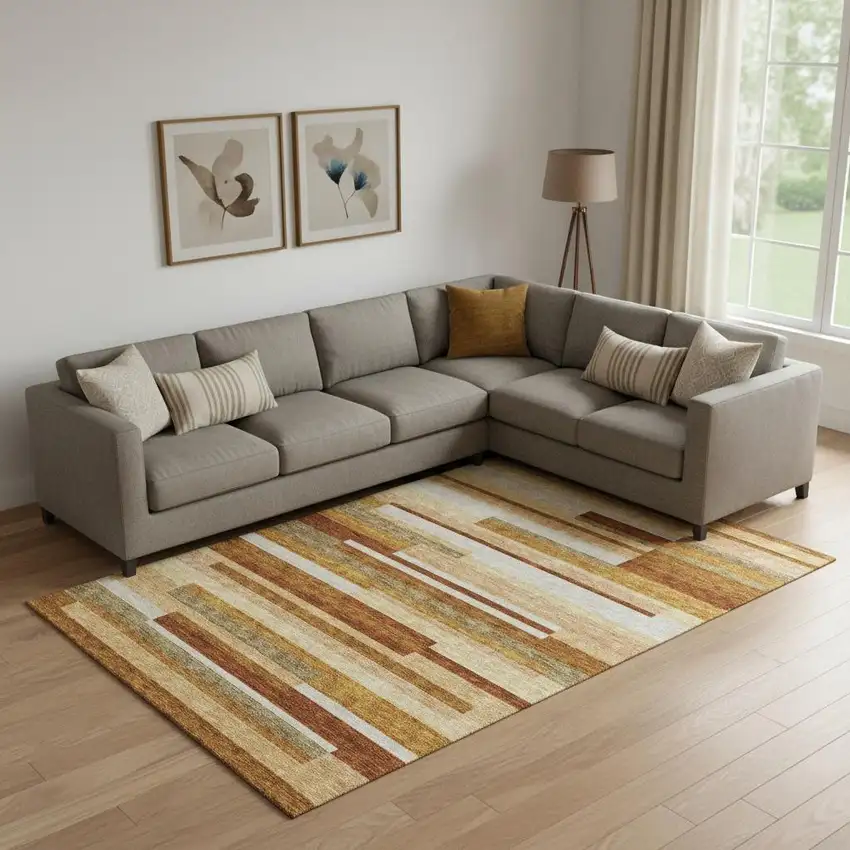 Rust Ivory And Taupe Striped Washable Area Rug With UV Protection Photo 1