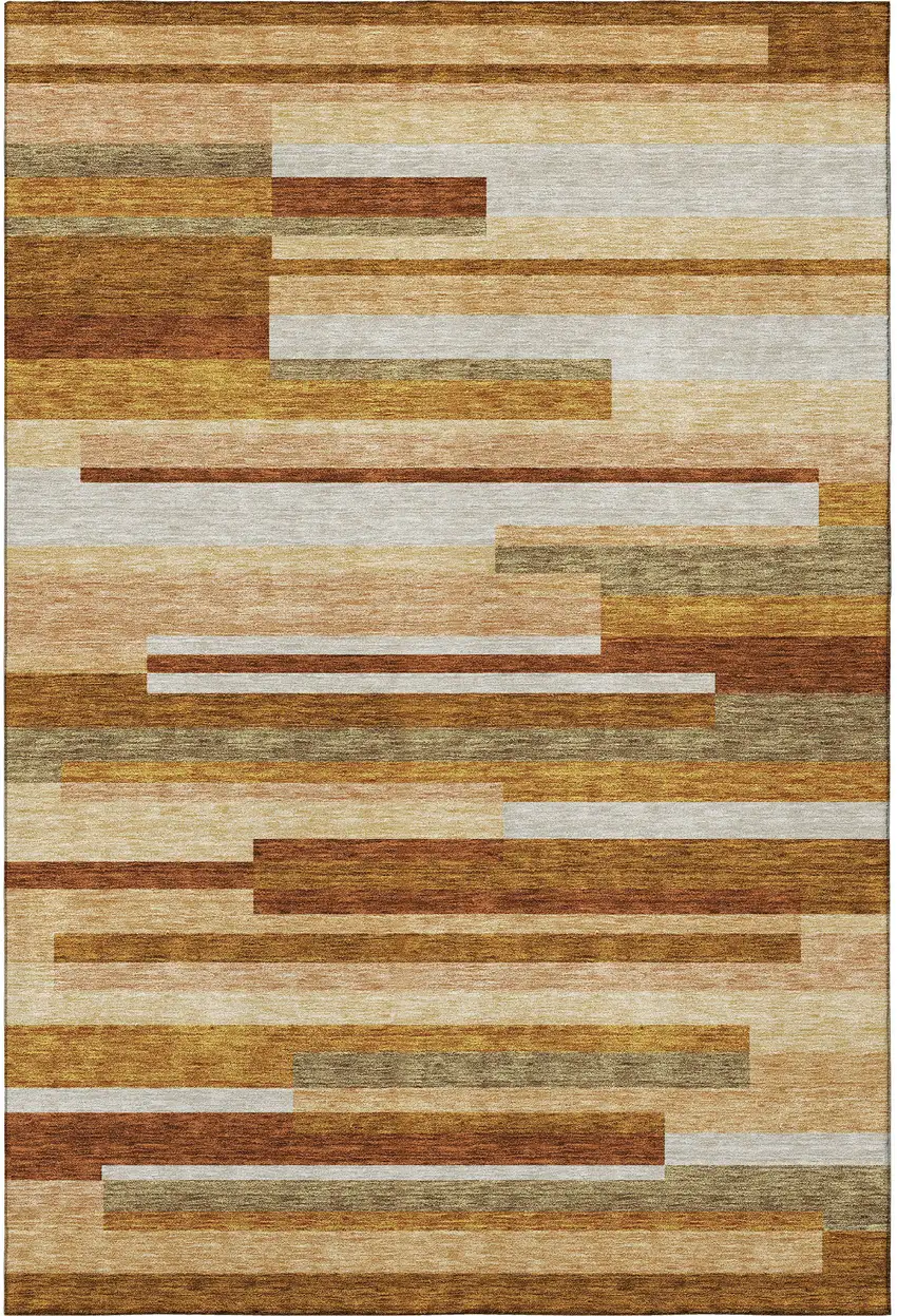 Rust Ivory And Taupe Striped Washable Area Rug With UV Protection Photo 4