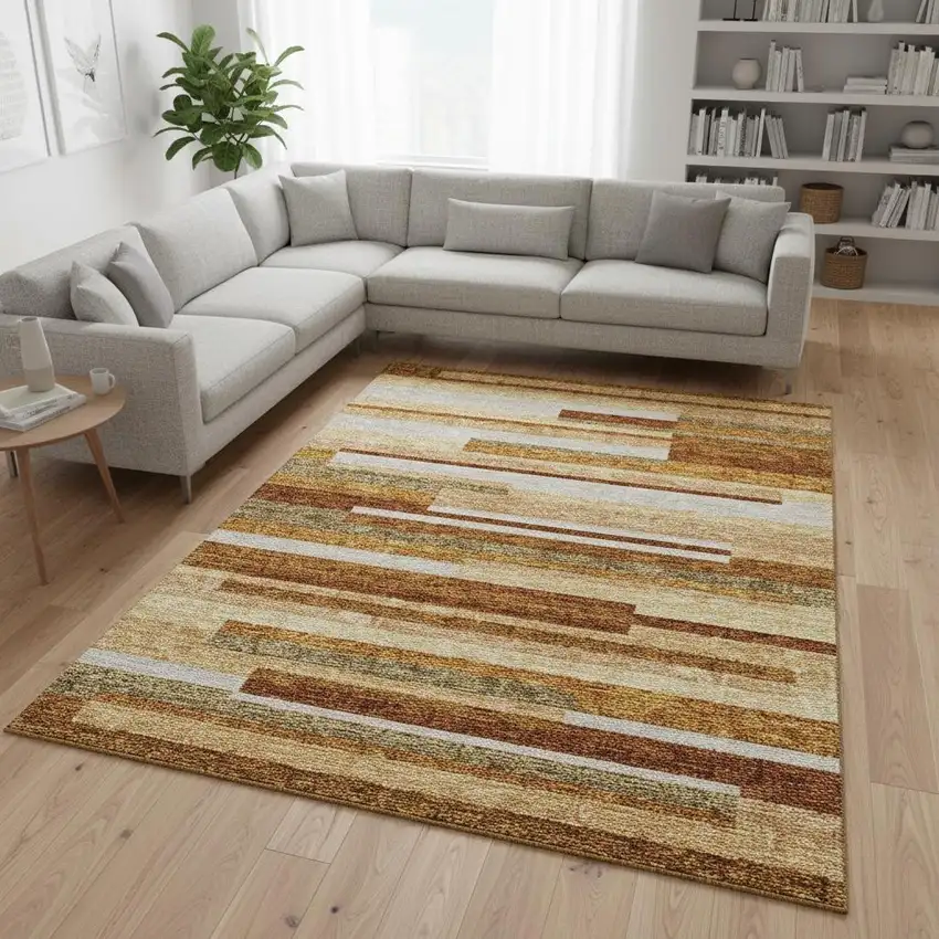 Rust Ivory And Taupe Striped Washable Area Rug With UV Protection Photo 2