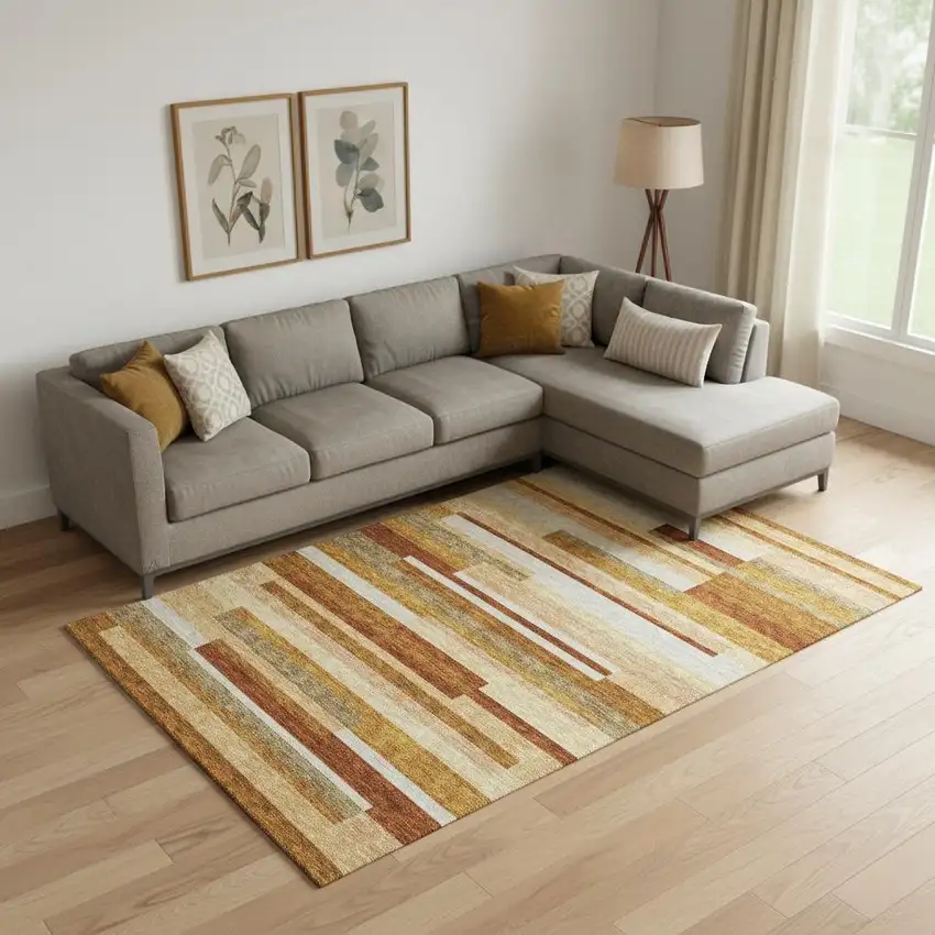 Rust Ivory And Taupe Striped Washable Area Rug With UV Protection Photo 1