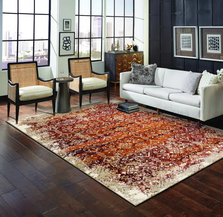 Rust Ivory Distressed Diamonds Area Rug Photo 7