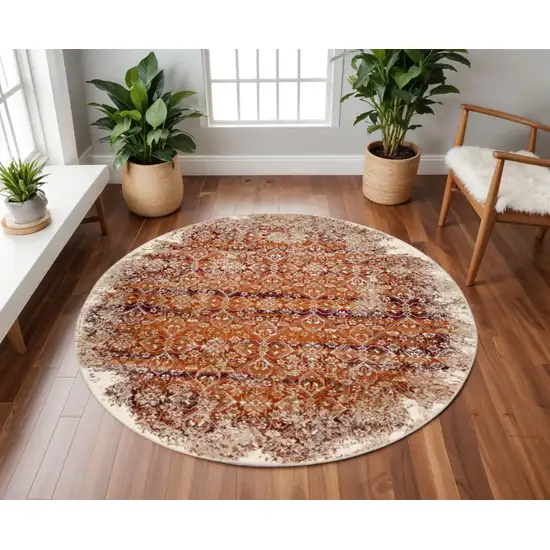 8' Rust And Ivory Oriental Round Rug Photo 2