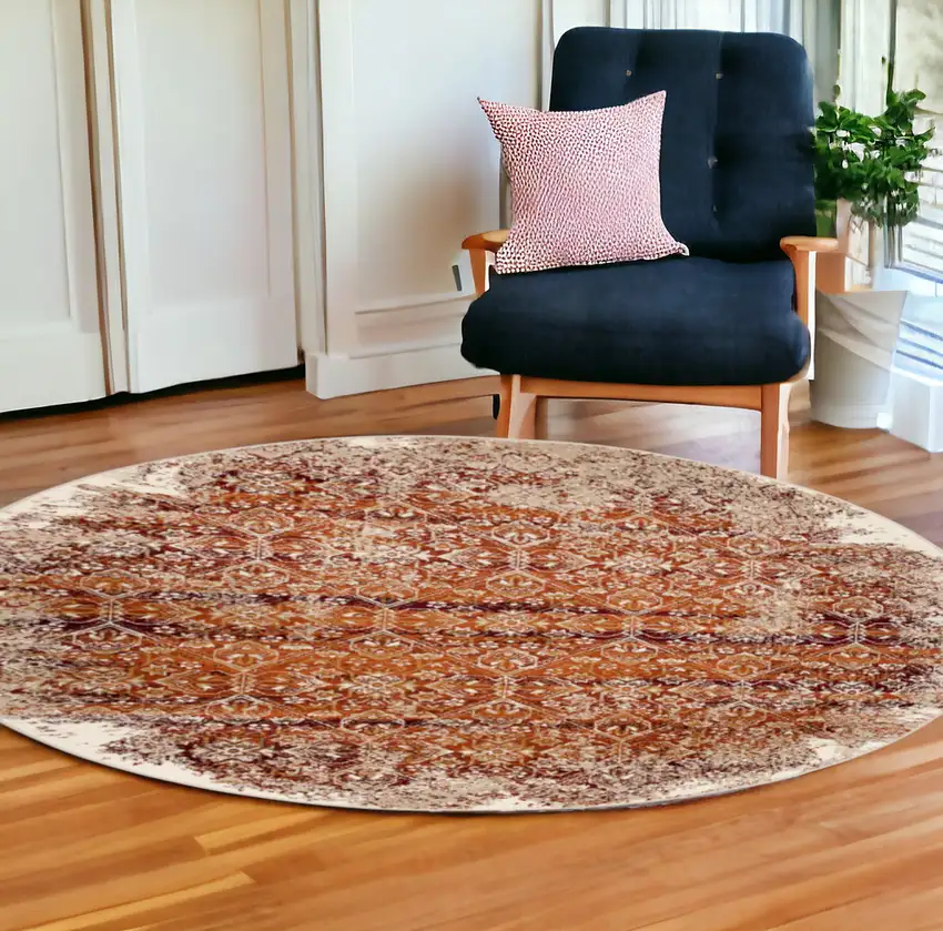 8' Rust Round Oriental Dhurrie Area Rug Photo 1