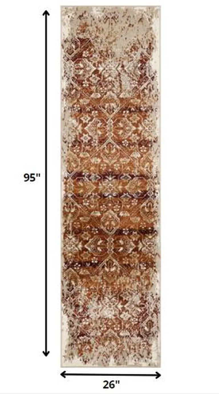 Rust Ivory Distressed Diamonds Runner Rug Photo 3