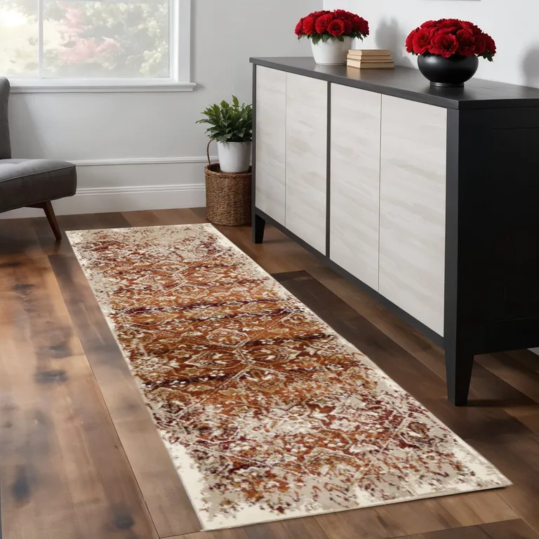 Rust Ivory Distressed Diamonds Runner Rug Photo 1
