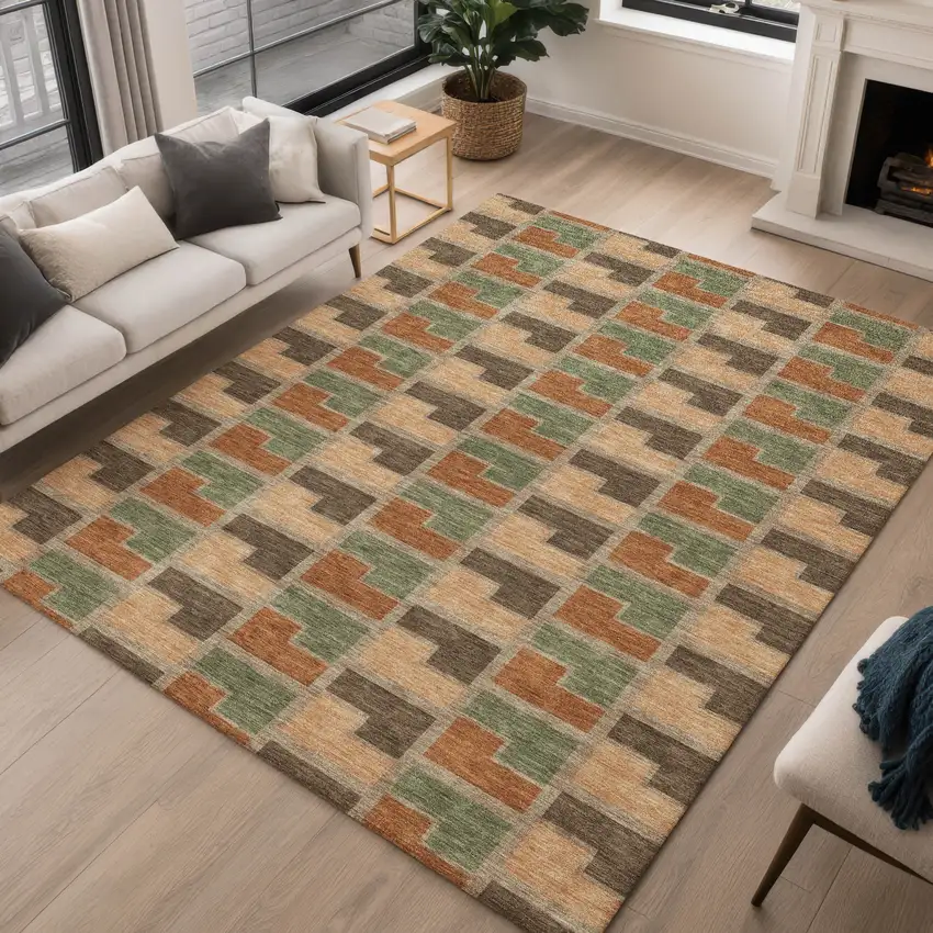 Rust Olive Green And Brown Geometric Washable Indoor Outdoor Area Rug Photo 5