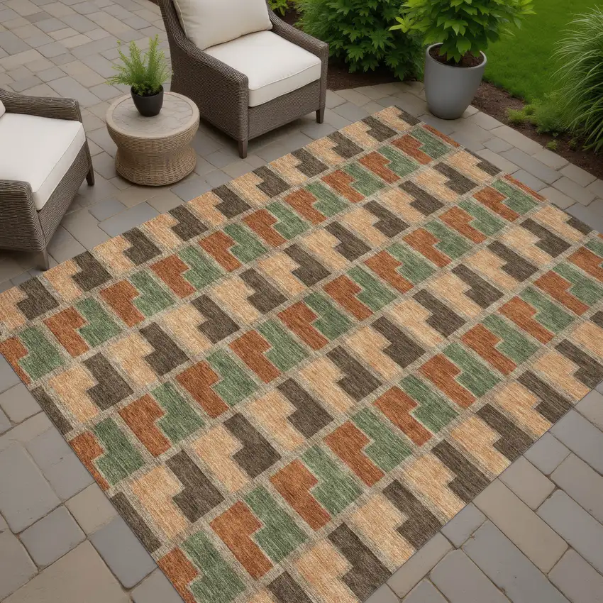 Rust Olive Green And Brown Geometric Washable Indoor Outdoor Area Rug Photo 7