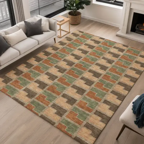 Rust Olive Green And Brown Geometric Washable Indoor Outdoor Area Rug Photo 5
