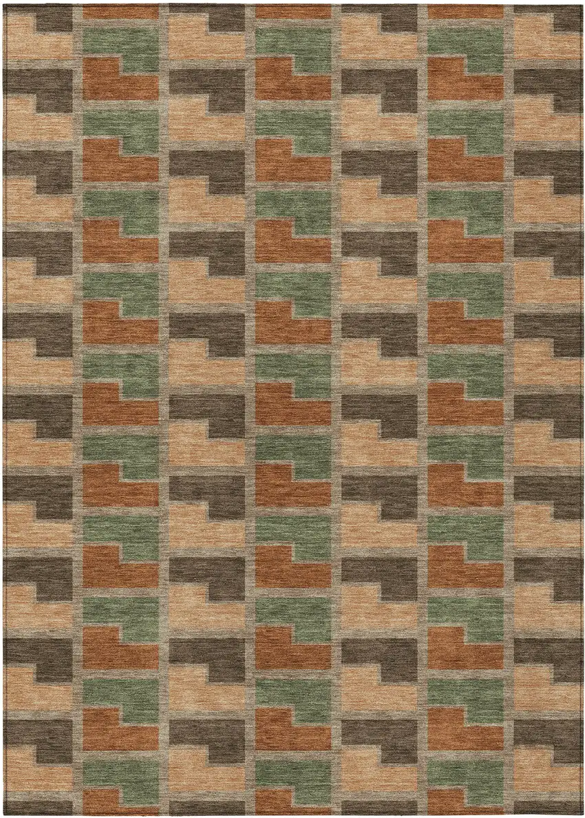 Rust Olive Green And Brown Geometric Washable Indoor Outdoor Area Rug Photo 1