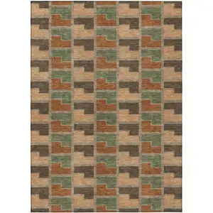 Photo of Rust Olive Green And Brown Geometric Washable Indoor Outdoor Area Rug