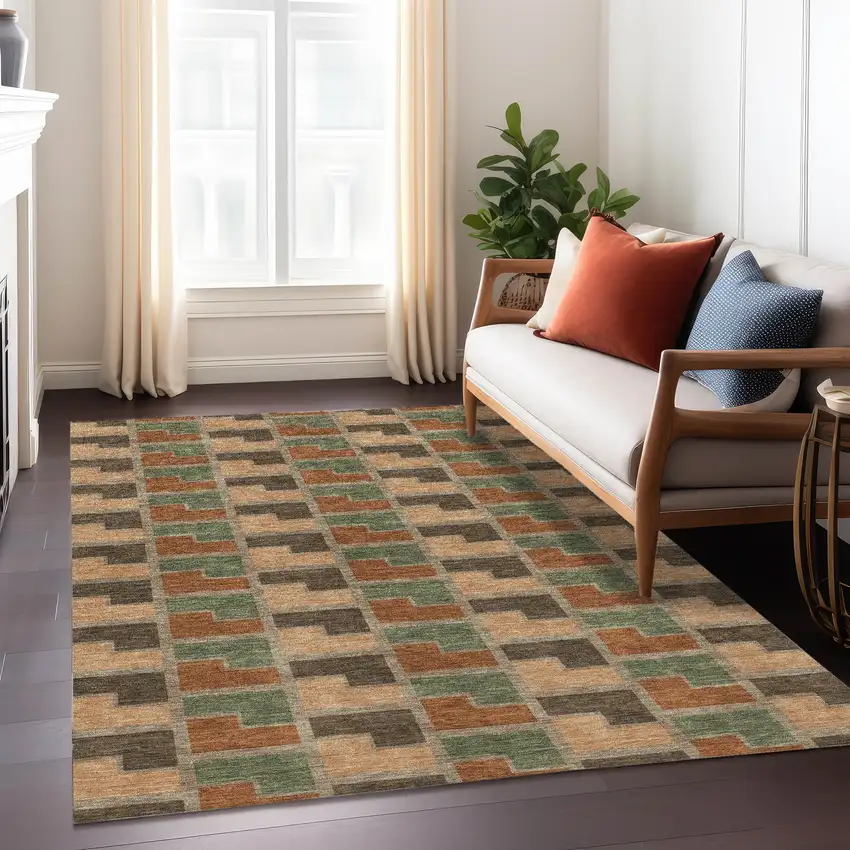 Rust Olive Green And Brown Geometric Washable Indoor Outdoor Area Rug Photo 6