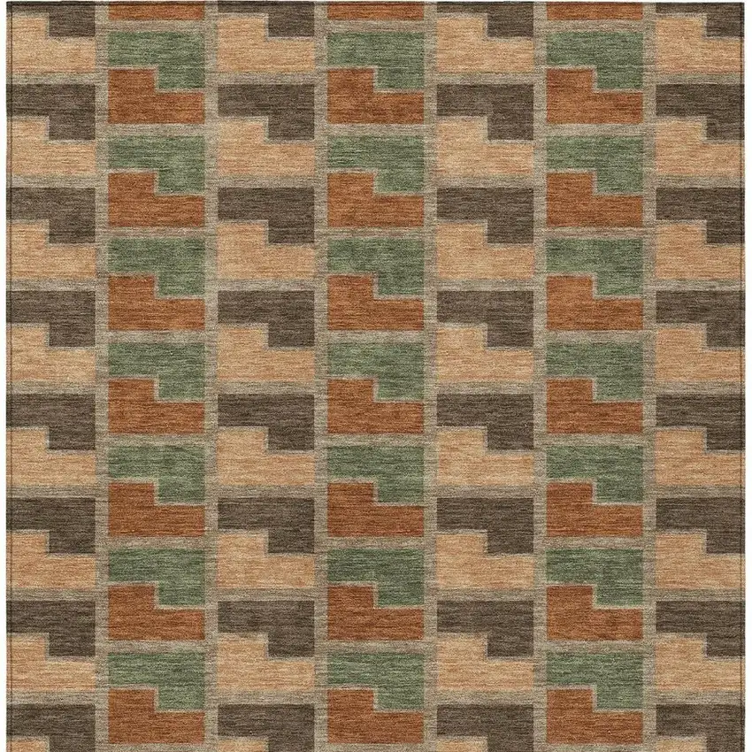 Rust Olive Green And Brown Geometric Washable Indoor Outdoor Area Rug Photo 3