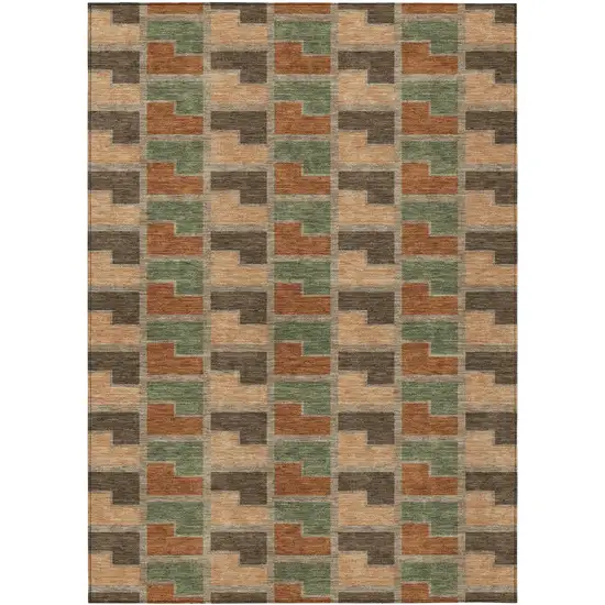 Rust Olive Green And Brown Geometric Washable Indoor Outdoor Area Rug Photo 1