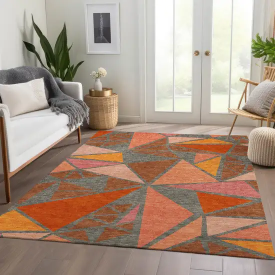Rust Orange And Salmon Geometric Washable Area Rug With UV Protection Photo 5