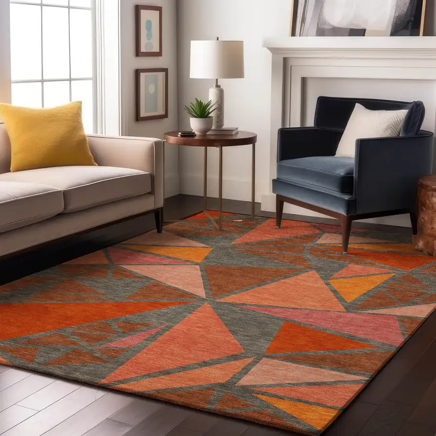 Rust Orange And Salmon Geometric Washable Area Rug With UV Protection Photo 4
