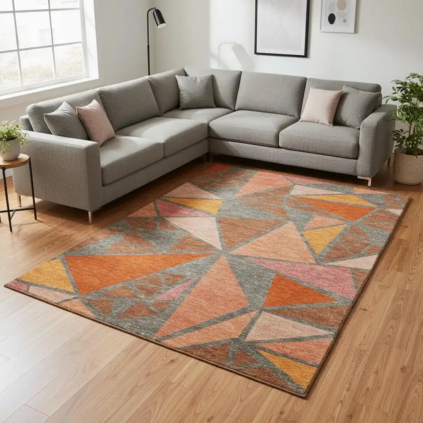 Rust Orange And Salmon Geometric Washable Area Rug With UV Protection Photo 2