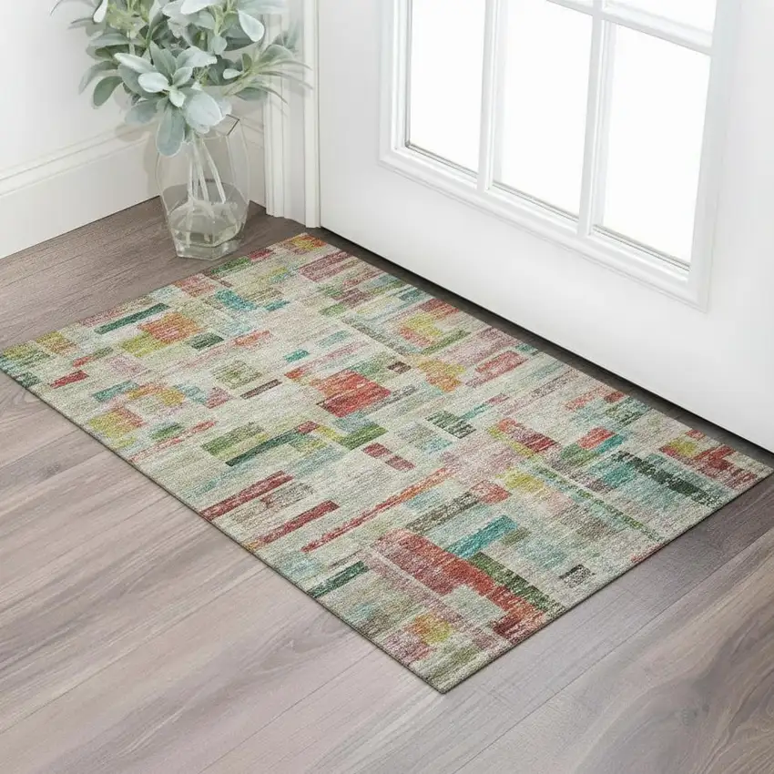 Rust Orange Green And Teal Striped Washable Area Rug With UV Protection Photo 2
