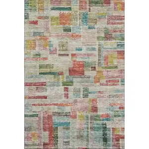 Photo of Rust Orange Green And Teal Striped Washable Area Rug With UV Protection