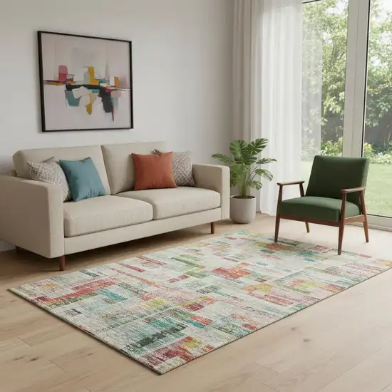 Rust Orange Green And Teal Striped Washable Area Rug With UV Protection Photo 2