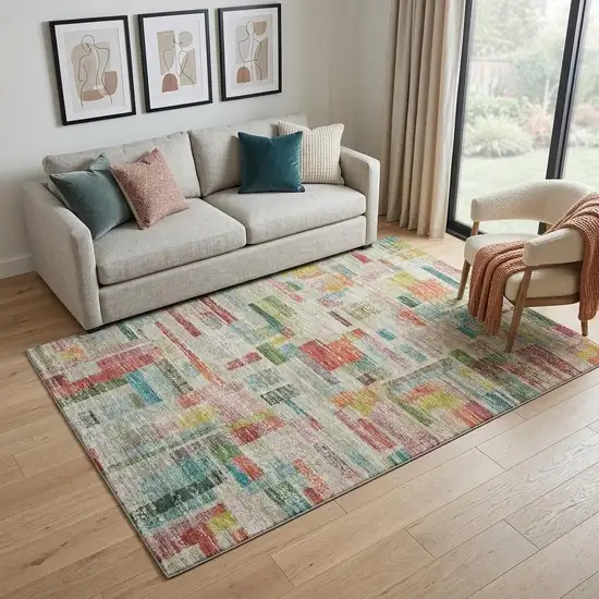 Rust Orange Green And Teal Striped Washable Area Rug With UV Protection Photo 1