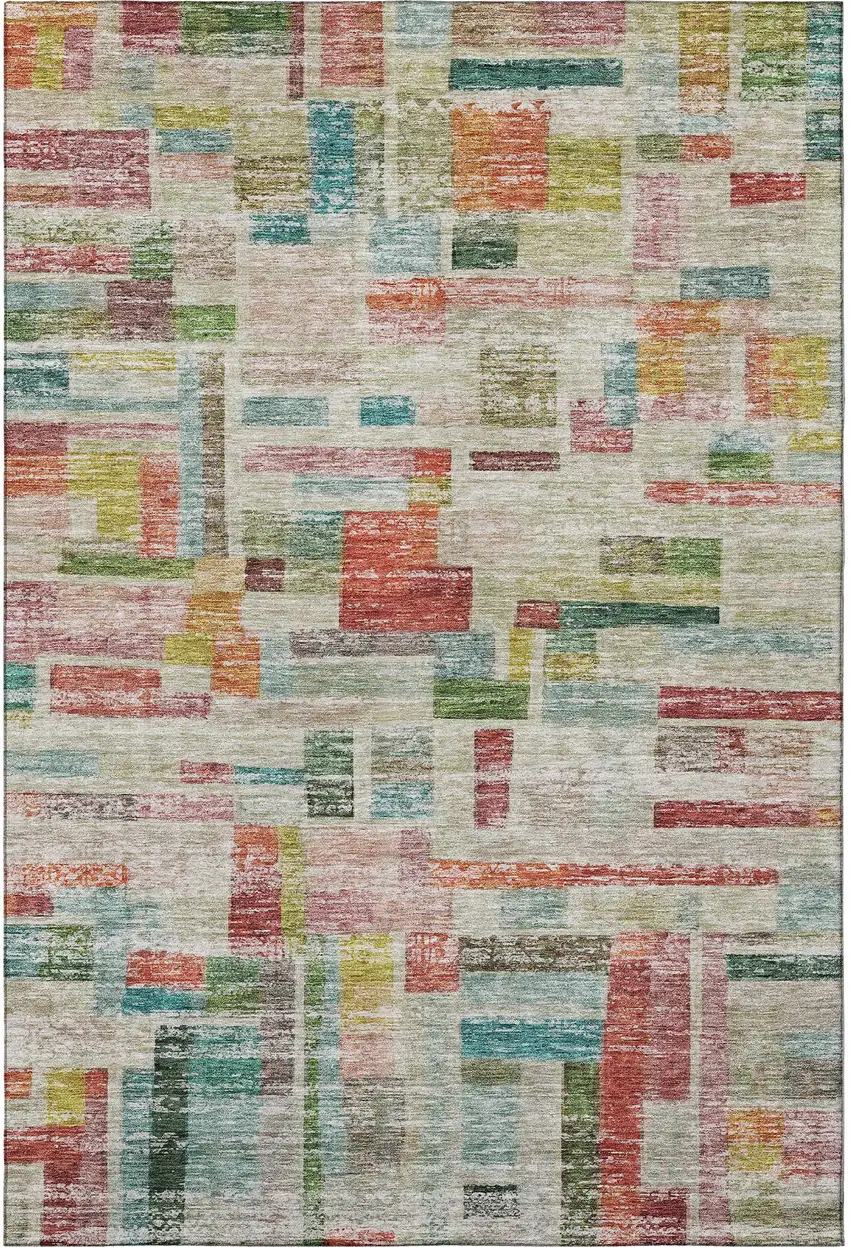 Rust Orange Green And Teal Striped Washable Area Rug With UV Protection Photo 3