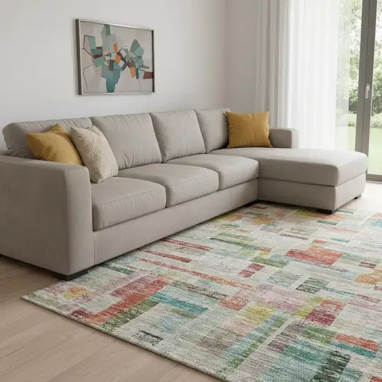 Rust Orange Green And Teal Striped Washable Area Rug With UV Protection Photo 2