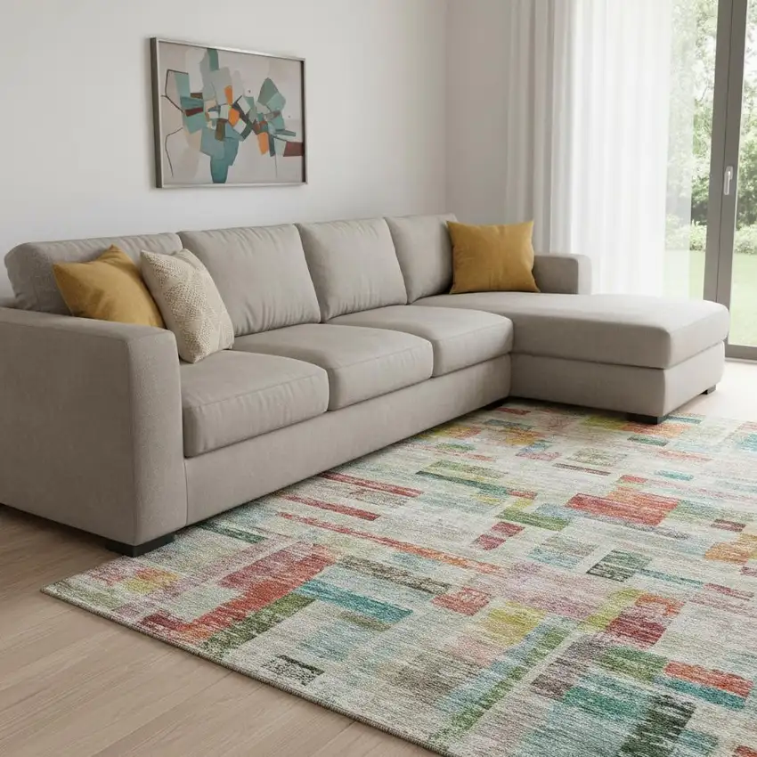 Rust Orange Green And Teal Striped Washable Area Rug With UV Protection Photo 2