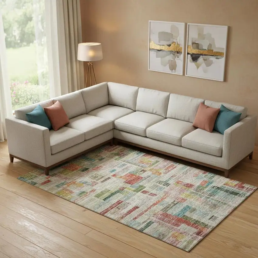 Rust Orange Green And Teal Striped Washable Area Rug With UV Protection Photo 2