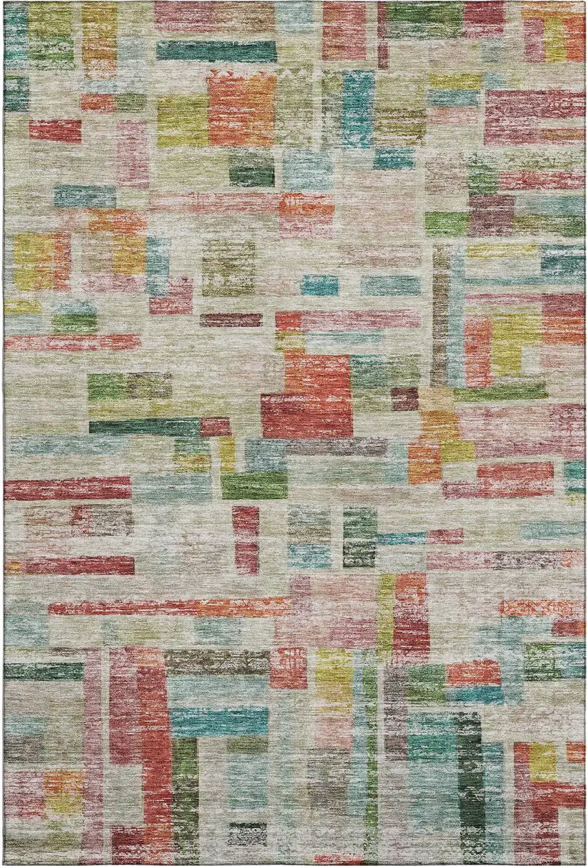 Rust Orange Green And Teal Striped Washable Area Rug With UV Protection Photo 1