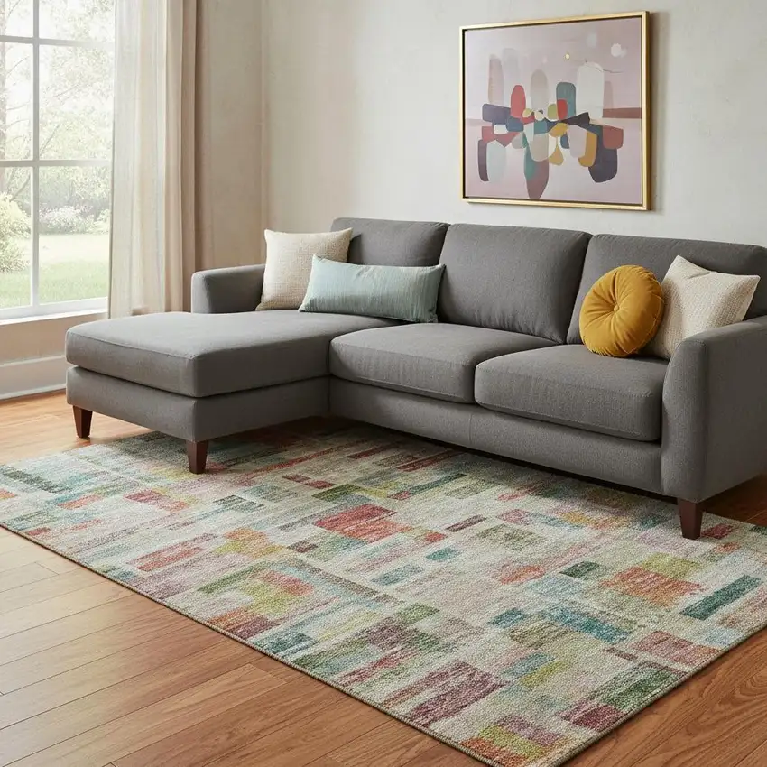 Rust Orange Green And Teal Striped Washable Area Rug With UV Protection Photo 2