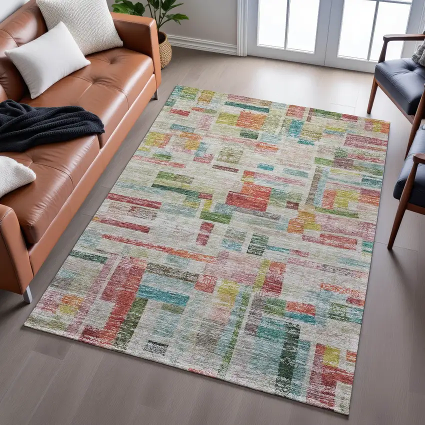 Rust Orange Green And Teal Striped Washable Area Rug With UV Protection Photo 5