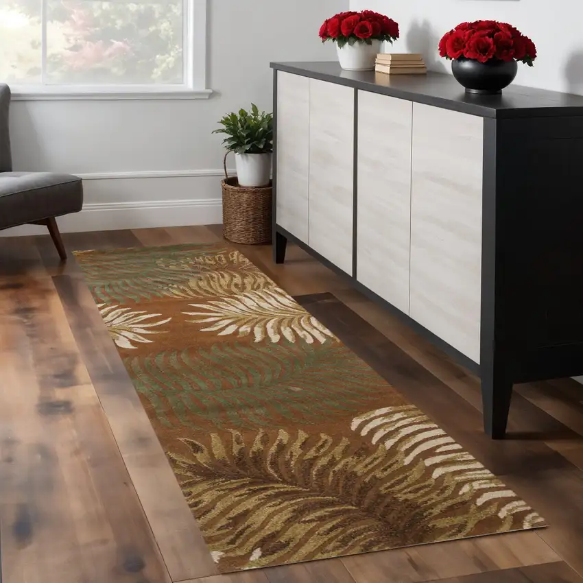 8' Rust Orange And Green Wool Botanical Leaves Hand Tufted Runner Rug Photo 1