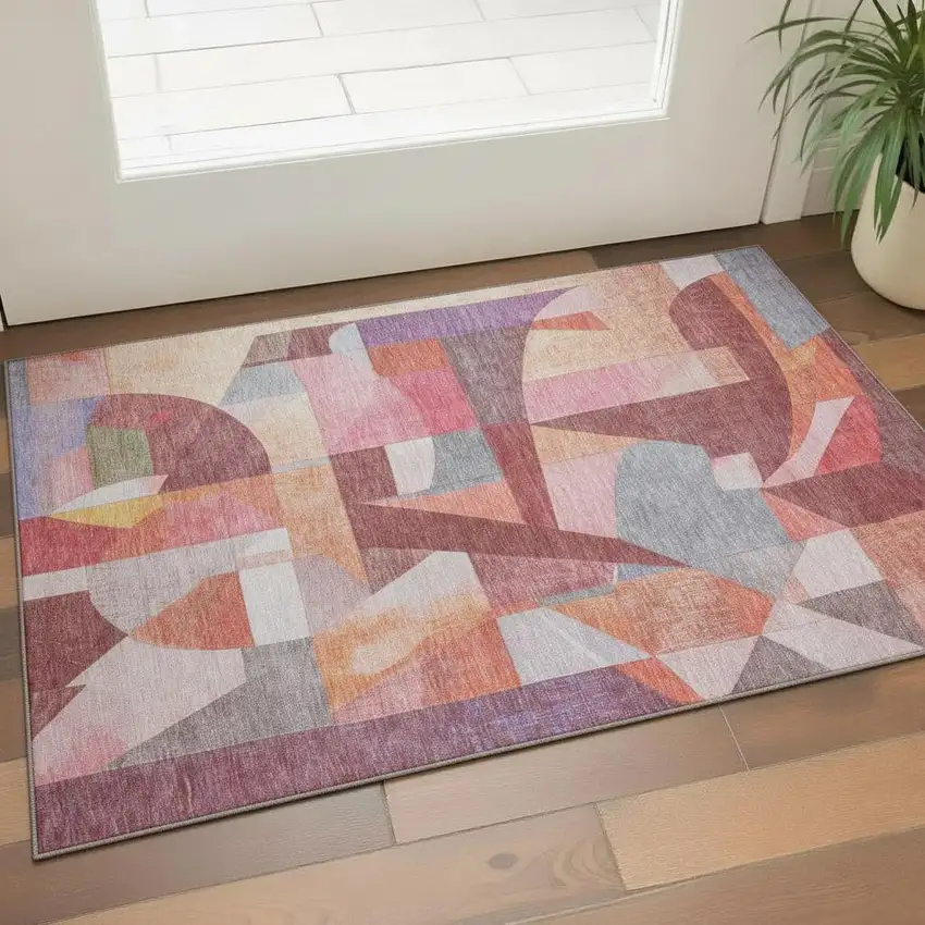 Rust Pink And Purple Abstract Washable Area Rug With UV Protection Photo 2
