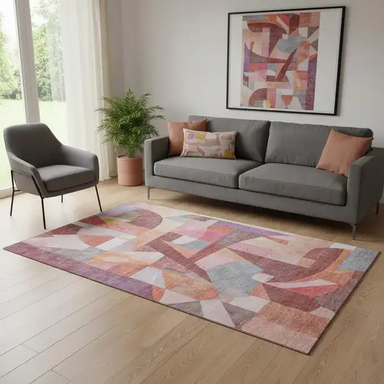 Rust Pink And Purple Abstract Washable Area Rug With UV Protection Photo 1