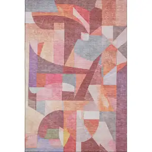 Photo of Rust Pink And Purple Abstract Washable Area Rug With UV Protection