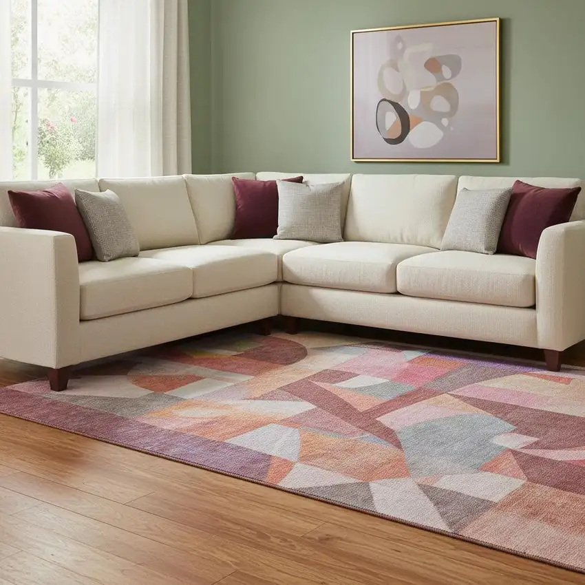 Rust Pink And Purple Abstract Washable Area Rug With UV Protection Photo 2