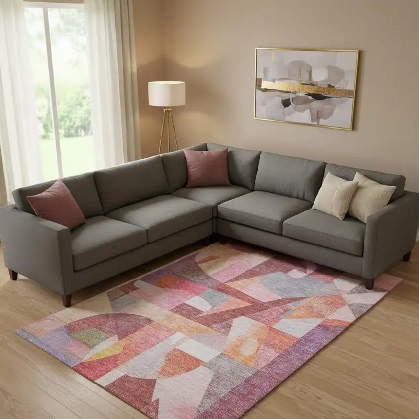 Rust Pink And Purple Abstract Washable Area Rug With UV Protection Photo 2