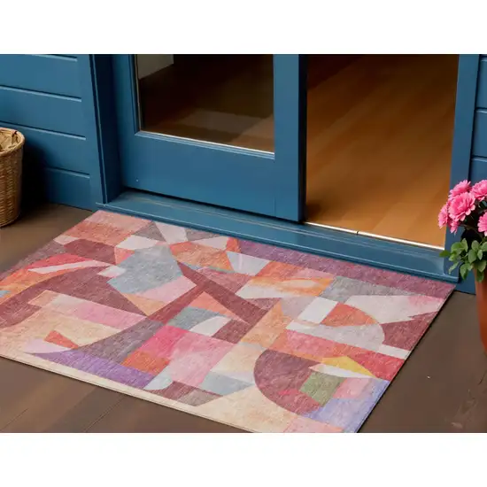 Rust Pink Ivory And Purple Abstract Washable Indoor Outdoor Area Rug Photo 2