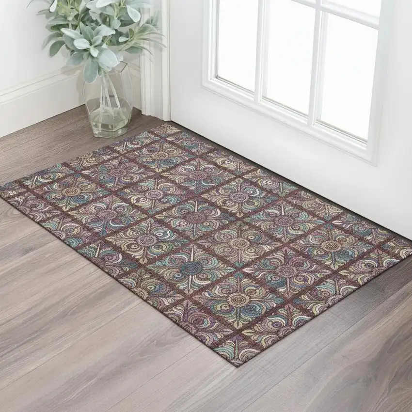 Rust Purple And Teal Medallion Washable Area Rug With UV Protection Photo 1