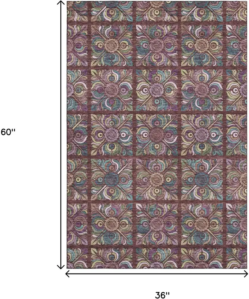 Rust Purple And Teal Medallion Washable Area Rug With UV Protection Photo 3