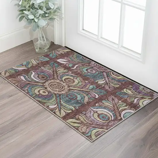 Rust Purple And Teal Medallion Washable Area Rug With UV Protection Photo 2
