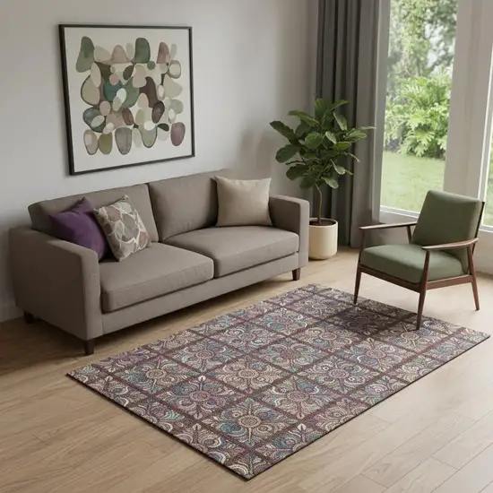 Rust Purple And Teal Medallion Washable Area Rug With UV Protection Photo 1