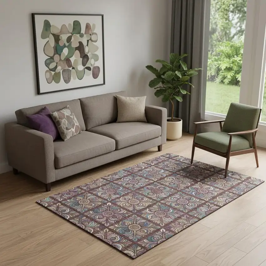 Rust Purple And Teal Medallion Washable Area Rug With UV Protection Photo 1