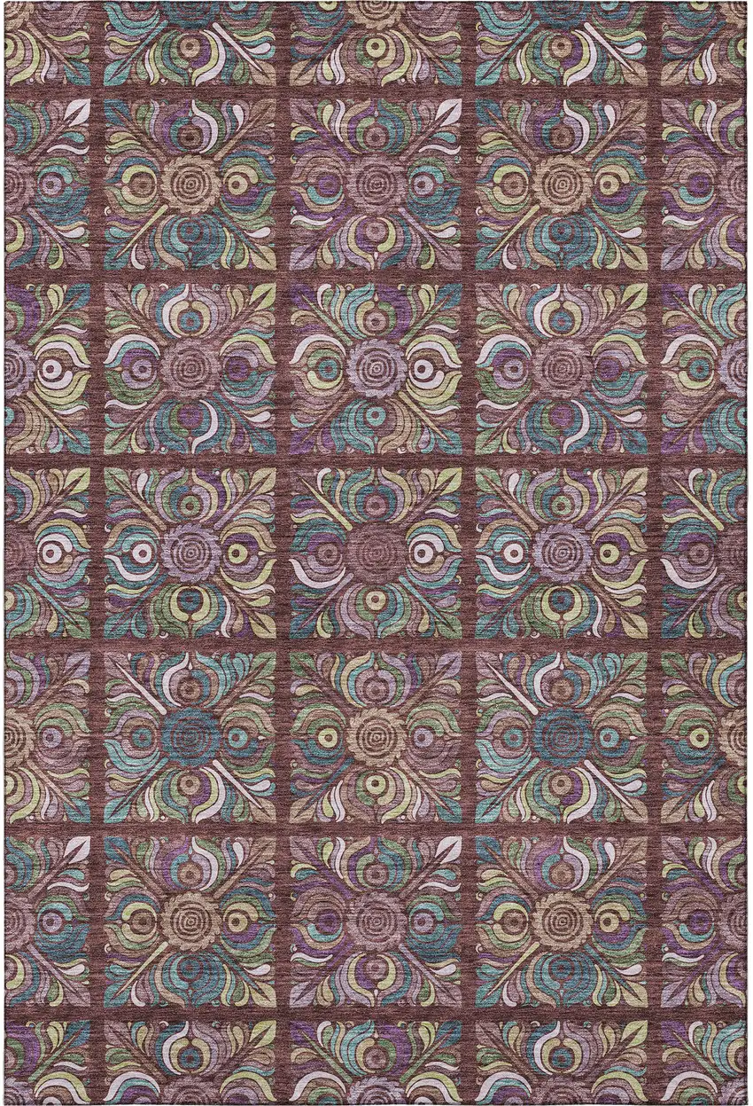 Rust Purple And Teal Medallion Washable Area Rug With UV Protection Photo 3