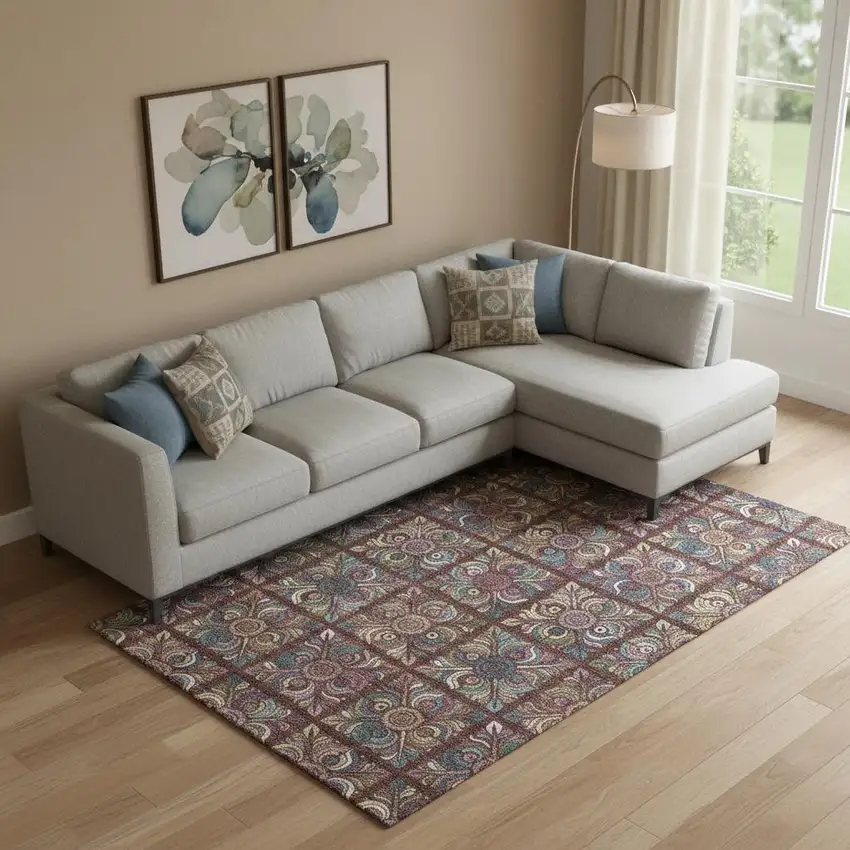 Rust Purple And Teal Medallion Washable Area Rug With UV Protection Photo 1